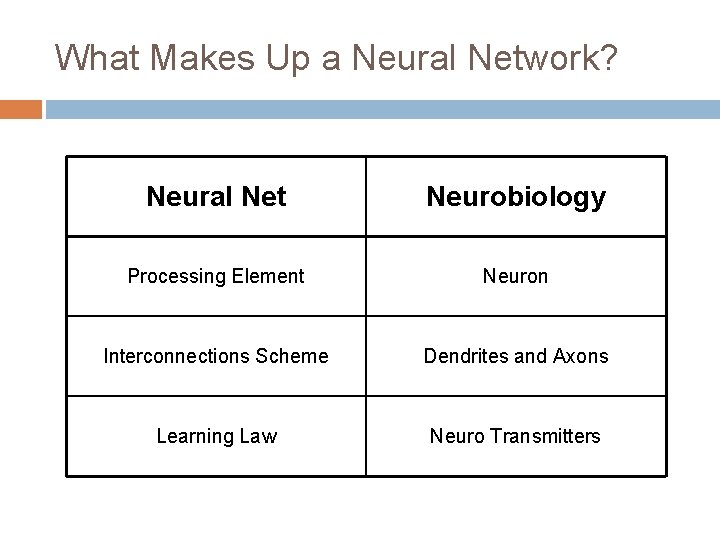 What Makes Up a Neural Network? Neural Net Neurobiology Processing Element Neuron Interconnections Scheme