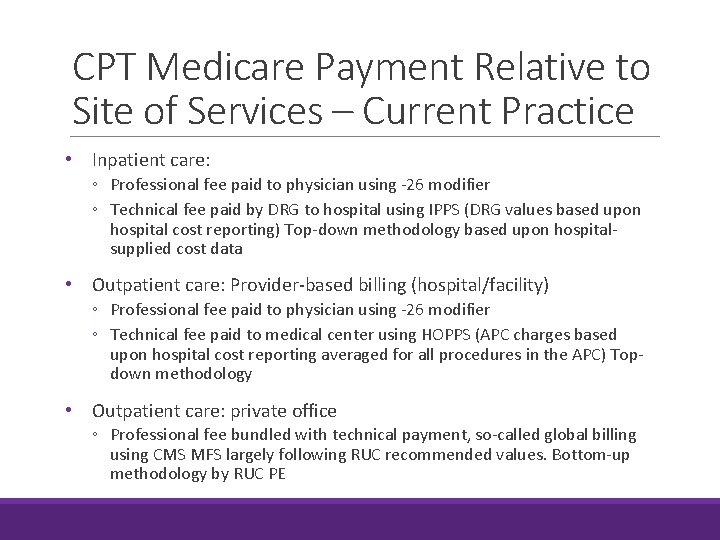 CPT Medicare Payment Relative to Site of Services – Current Practice • Inpatient care: