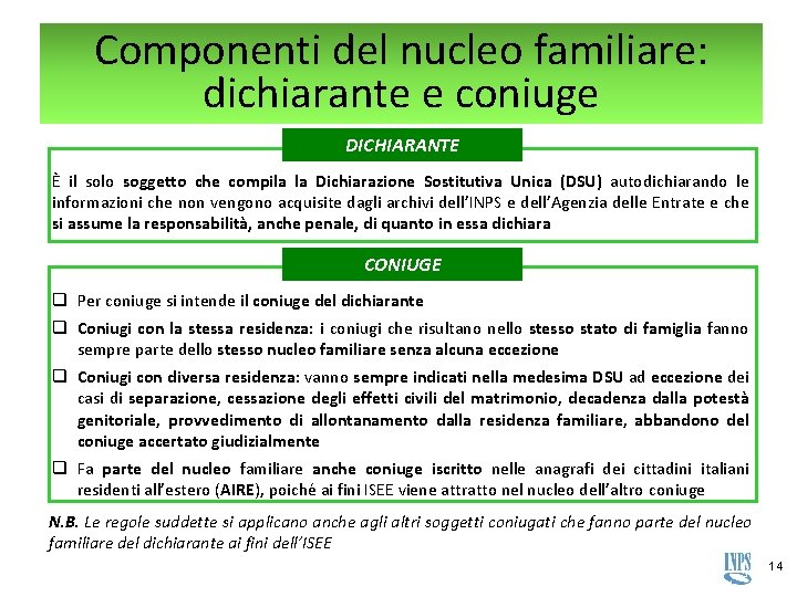 Componenti del nucleo familiare: dichiarante e coniuge DICHIARANTE È il solo soggetto che compila Componenti del nucleo familiare: dichiarante e coniuge DICHIARANTE È il solo soggetto che compila