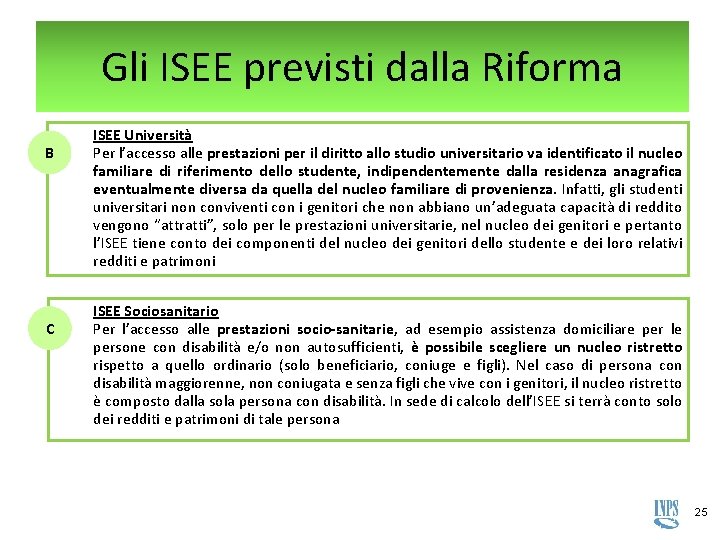 Gli ISEE previsti dalla Riforma B C ISEE Università Per l’accesso alle prestazioni per Gli ISEE previsti dalla Riforma B C ISEE Università Per l’accesso alle prestazioni per