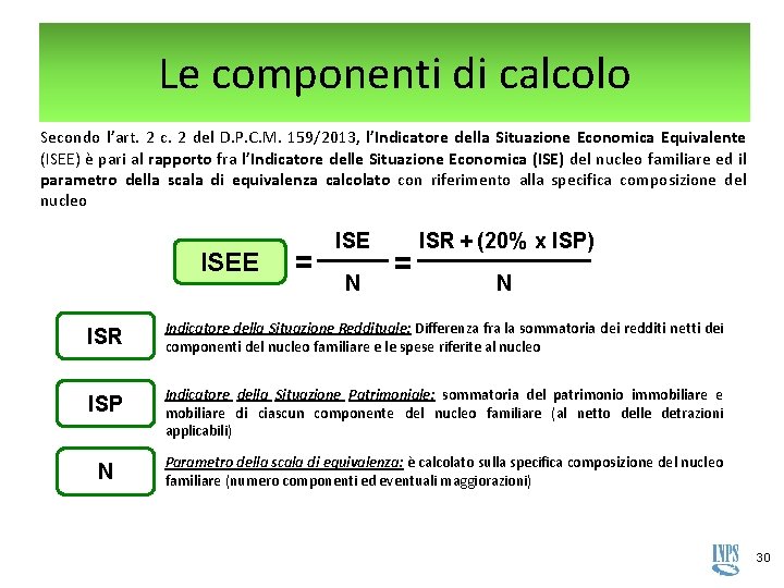 Le componenti di calcolo Secondo l’art. 2 c. 2 del D. P. C. M. Le componenti di calcolo Secondo l’art. 2 c. 2 del D. P. C. M.