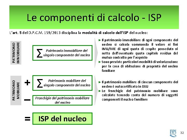 Le componenti di calcolo - ISP L’art. 5 del D. P. C. M. 159/2013 Le componenti di calcolo - ISP L’art. 5 del D. P. C. M. 159/2013