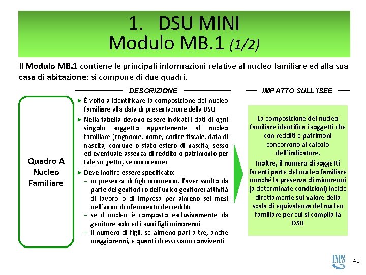 1. DSU MINI Modulo MB. 1 (1/2) Il Modulo MB. 1 contiene le principali 1. DSU MINI Modulo MB. 1 (1/2) Il Modulo MB. 1 contiene le principali