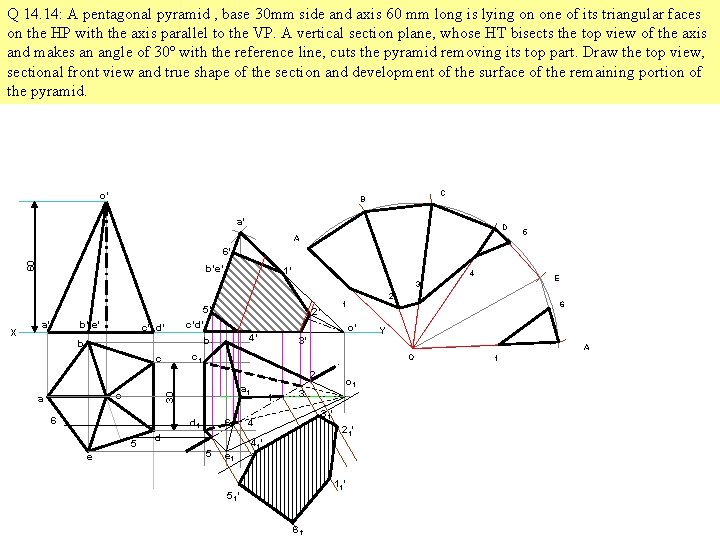 Q 14. 14: A pentagonal pyramid , base 30 mm side and axis 60