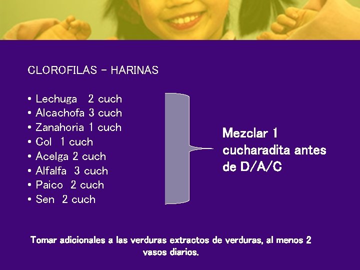 CLOROFILAS – HARINAS • Lechuga 2 cuch • Alcachofa 3 cuch • Zanahoria 1