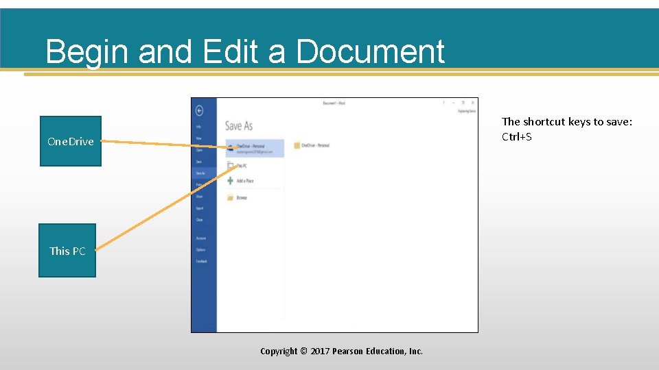 Begin and Edit a Document The shortcut keys to save: Ctrl+S One. Drive This