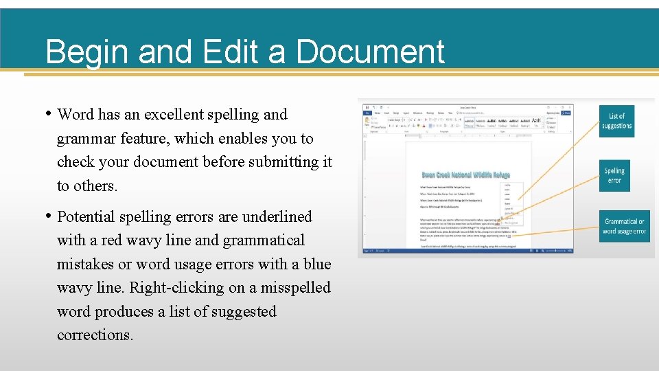 Begin and Edit a Document • Word has an excellent spelling and grammar feature,