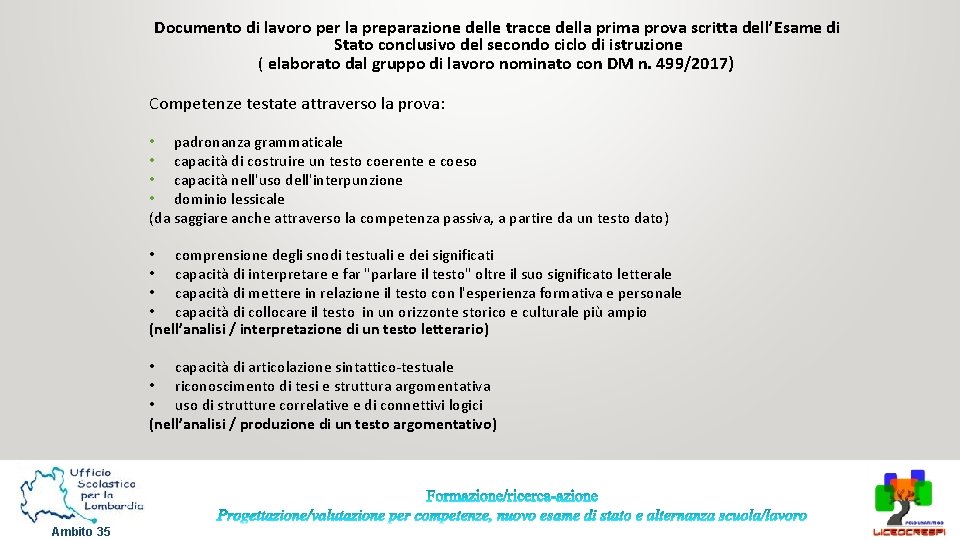 Documento di lavoro per la preparazione delle tracce della prima prova scritta dell’Esame di Documento di lavoro per la preparazione delle tracce della prima prova scritta dell’Esame di