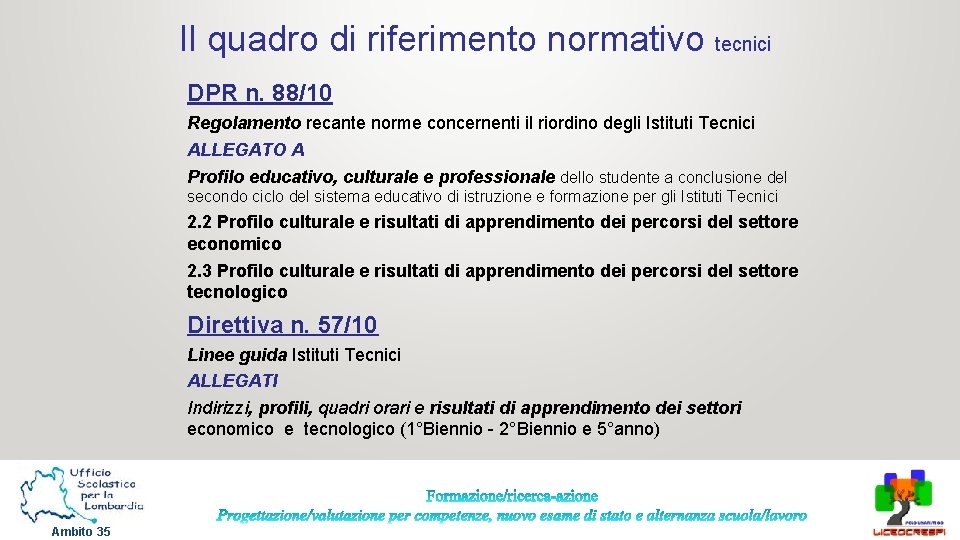 Il quadro di riferimento normativo tecnici DPR n. 88/10 Regolamento recante norme concernenti il Il quadro di riferimento normativo tecnici DPR n. 88/10 Regolamento recante norme concernenti il