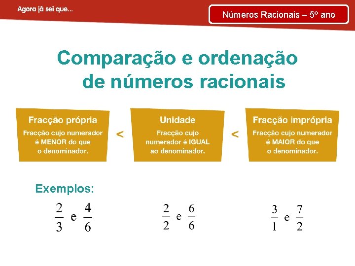 Números Racionais – 5º ano Comparação e ordenação de números racionais Exemplos: 