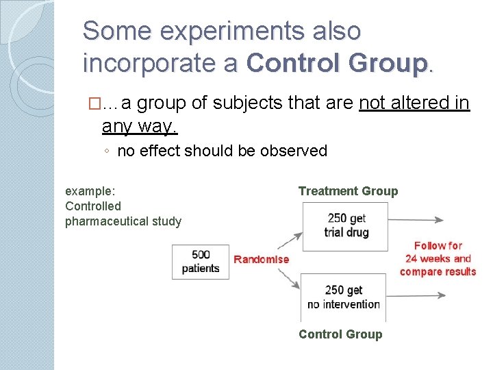 Some experiments also incorporate a Control Group. �…a group of subjects that are not