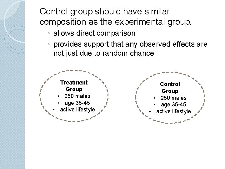 Control group should have similar composition as the experimental group. ◦ allows direct comparison