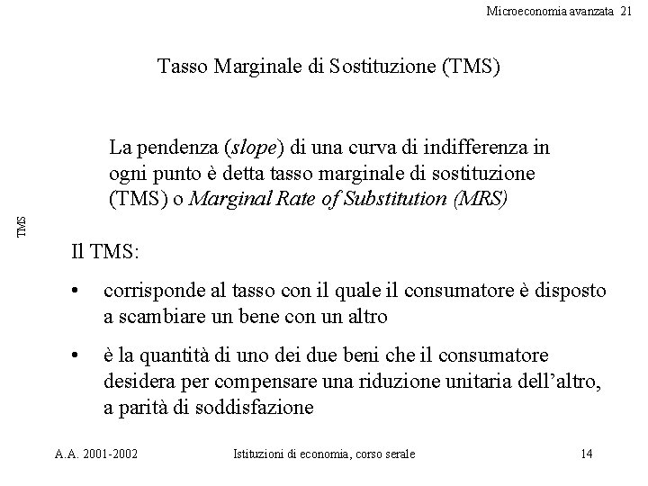 Microeconomia avanzata 21 Tasso Marginale di Sostituzione (TMS) TMS La pendenza (slope) di una