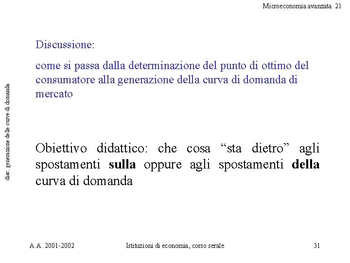 Microeconomia avanzata 21 disc. generazione delle curve di domanda Discussione: come si passa dalla