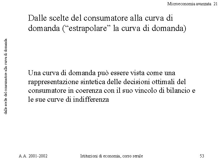 Microeconomia avanzata 21 dalle scelte del consumatore alla curva di domanda Dalle scelte del