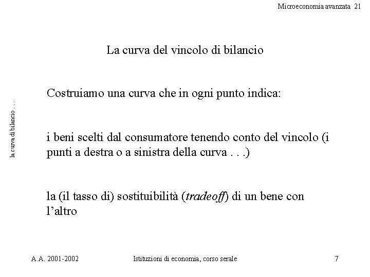 Microeconomia avanzata 21 La curva del vincolo di bilancio la curva di bilancio. .