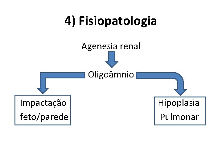 4) Fisiopatologia Agenesia renal Oligoâmnio Impactação Hipoplasia feto/parede Pulmonar 