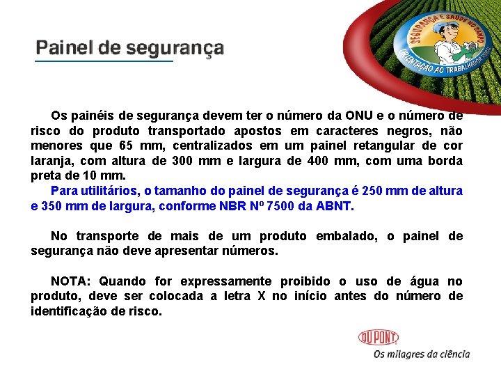 Os painéis de segurança devem ter o número da ONU e o número de Os painéis de segurança devem ter o número da ONU e o número de