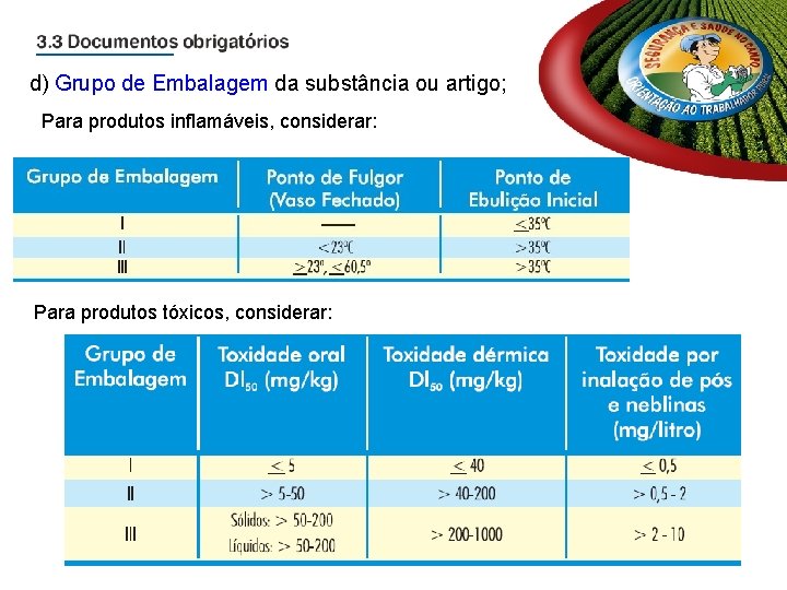 d) Grupo de Embalagem da substância ou artigo; Para produtos inflamáveis, considerar: Para produtos d) Grupo de Embalagem da substância ou artigo; Para produtos inflamáveis, considerar: Para produtos