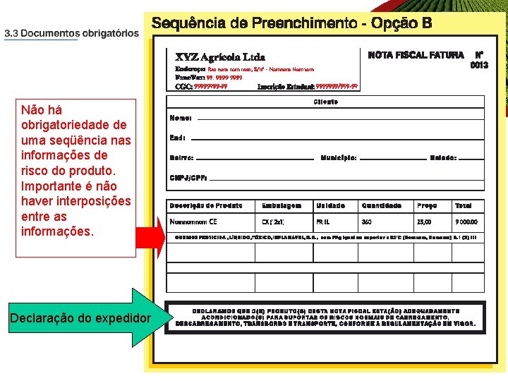 Não há obrigatoriedade de uma seqüência nas informações de risco do produto. Importante é Não há obrigatoriedade de uma seqüência nas informações de risco do produto. Importante é