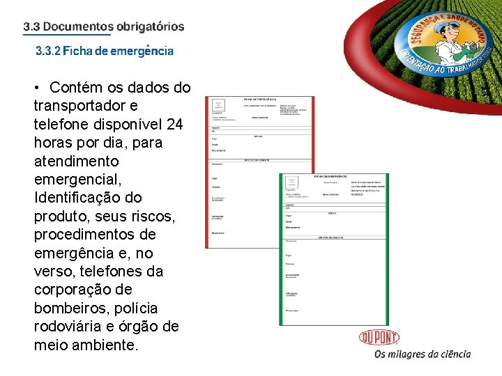 • Contém os dados do transportador e telefone disponível 24 horas por dia, • Contém os dados do transportador e telefone disponível 24 horas por dia,