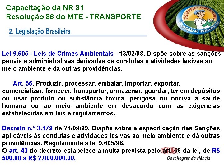 Capacitação da NR 31 Resolução 86 do MTE - TRANSPORTE Lei 9. 605 - Capacitação da NR 31 Resolução 86 do MTE - TRANSPORTE Lei 9. 605 -