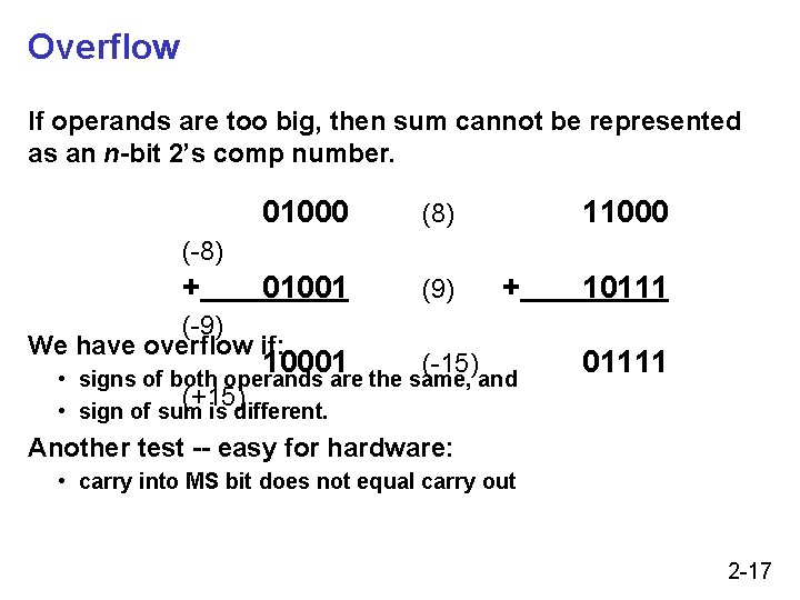 Overflow If operands are too big, then sum cannot be represented as an n-bit Overflow If operands are too big, then sum cannot be represented as an n-bit