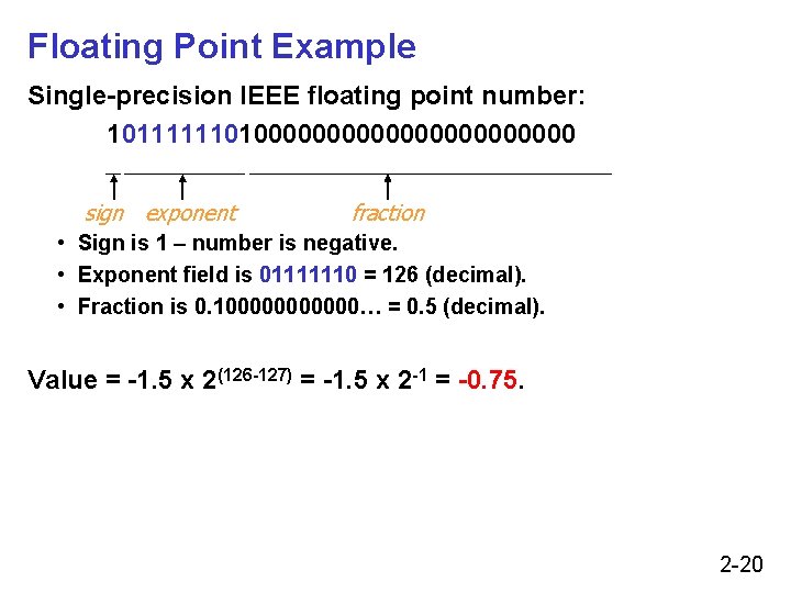Floating Point Example Single-precision IEEE floating point number: 101111110100000000000 sign exponent fraction • Sign Floating Point Example Single-precision IEEE floating point number: 101111110100000000000 sign exponent fraction • Sign
