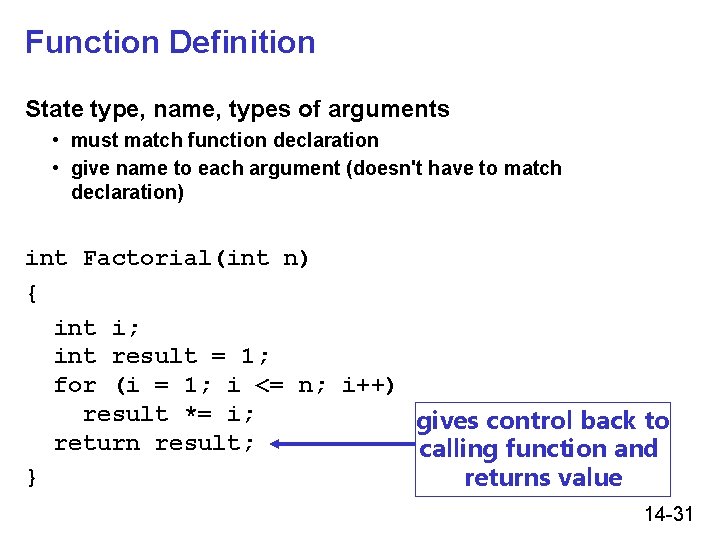 Function Definition State type, name, types of arguments • must match function declaration • Function Definition State type, name, types of arguments • must match function declaration •