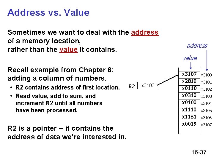 Address vs. Value Sometimes we want to deal with the address of a memory Address vs. Value Sometimes we want to deal with the address of a memory