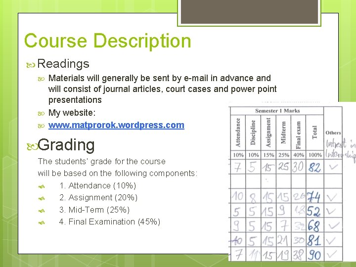 Course Description Readings Materials will generally be sent by e-mail in advance and will