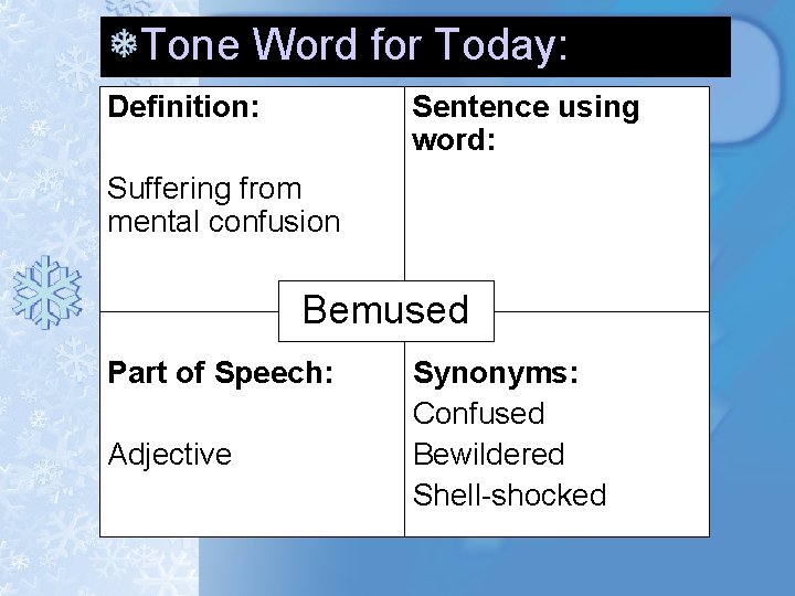 Tone Word for Today: Definition: Sentence using word: Suffering from mental confusion Bemused Part Tone Word for Today: Definition: Sentence using word: Suffering from mental confusion Bemused Part