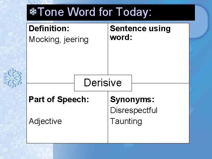 Tone Word for Today: Definition: Mocking, jeering Sentence using word: Derisive Part of Speech: Tone Word for Today: Definition: Mocking, jeering Sentence using word: Derisive Part of Speech:
