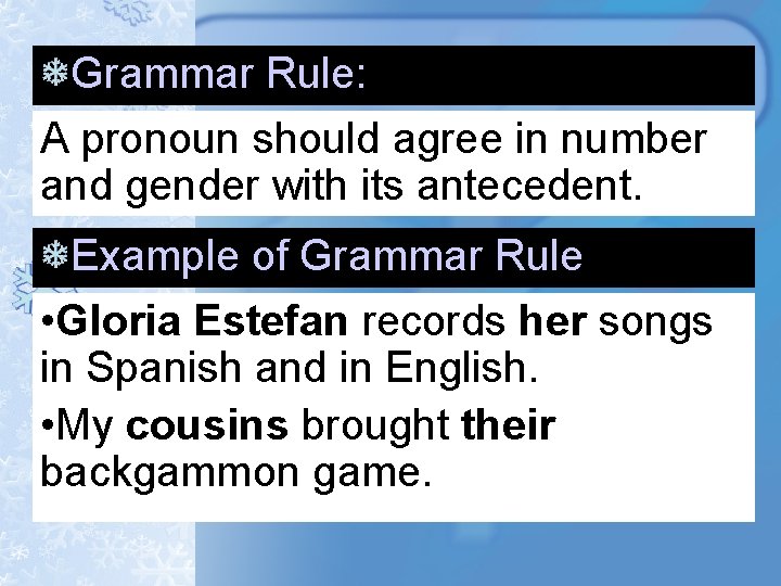 Grammar Rule: A pronoun should agree in number and gender with its antecedent. Example Grammar Rule: A pronoun should agree in number and gender with its antecedent. Example