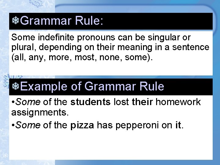 Grammar Rule: Some indefinite pronouns can be singular or plural, depending on their meaning Grammar Rule: Some indefinite pronouns can be singular or plural, depending on their meaning