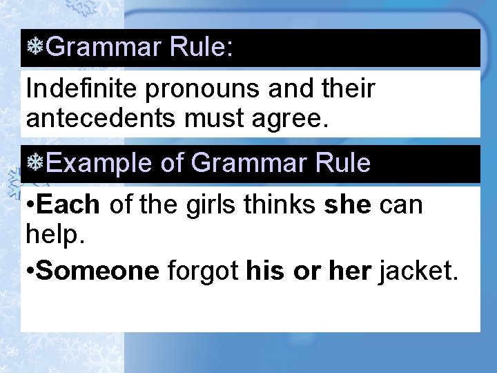 Grammar Rule: Indefinite pronouns and their antecedents must agree. Example of Grammar Rule • Grammar Rule: Indefinite pronouns and their antecedents must agree. Example of Grammar Rule •