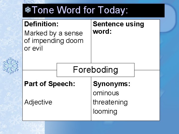 Tone Word for Today: Definition: Marked by a sense of impending doom or evil Tone Word for Today: Definition: Marked by a sense of impending doom or evil