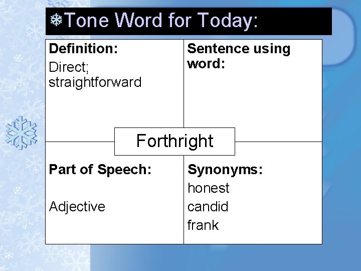 Tone Word for Today: Definition: Direct; straightforward Sentence using word: Forthright Part of Speech: Tone Word for Today: Definition: Direct; straightforward Sentence using word: Forthright Part of Speech: