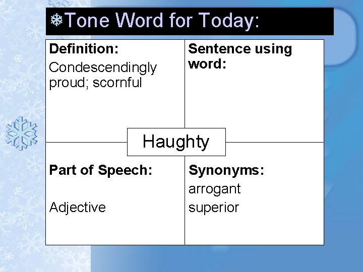 Tone Word for Today: Definition: Condescendingly proud; scornful Sentence using word: Haughty Part of Tone Word for Today: Definition: Condescendingly proud; scornful Sentence using word: Haughty Part of