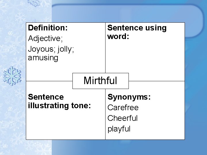 Definition: Adjective; Joyous; jolly; amusing Sentence using word: Mirthful Sentence illustrating tone: Synonyms: Carefree Definition: Adjective; Joyous; jolly; amusing Sentence using word: Mirthful Sentence illustrating tone: Synonyms: Carefree
