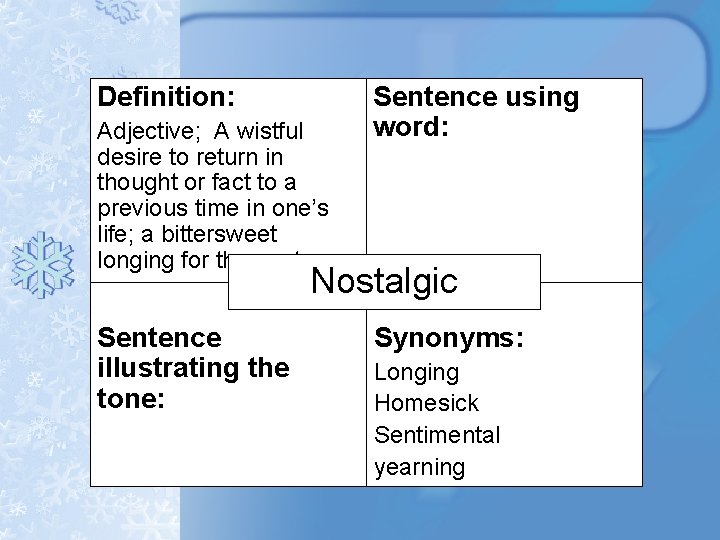 Definition: Adjective; A wistful desire to return in thought or fact to a previous Definition: Adjective; A wistful desire to return in thought or fact to a previous