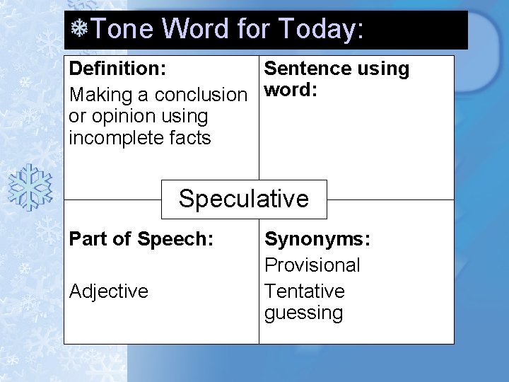 Tone Word for Today: Definition: Sentence using Making a conclusion word: or opinion using Tone Word for Today: Definition: Sentence using Making a conclusion word: or opinion using