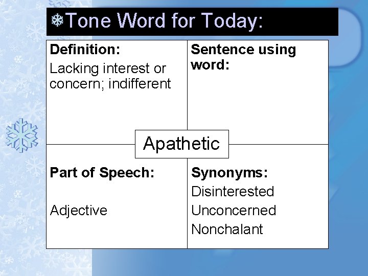 Tone Word for Today: Definition: Lacking interest or concern; indifferent Sentence using word: Apathetic Tone Word for Today: Definition: Lacking interest or concern; indifferent Sentence using word: Apathetic