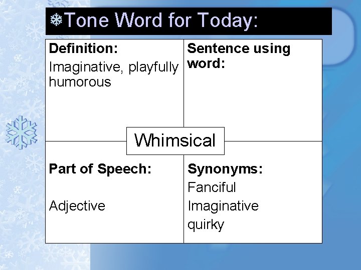 Tone Word for Today: Definition: Sentence using Imaginative, playfully word: humorous Whimsical Part of Tone Word for Today: Definition: Sentence using Imaginative, playfully word: humorous Whimsical Part of
