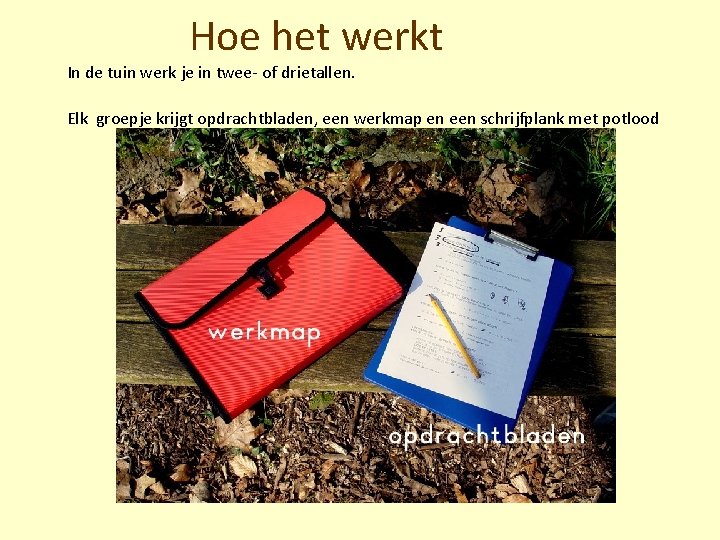 Hoe het werkt In de tuin werk je in twee- of drietallen. Elk groepje