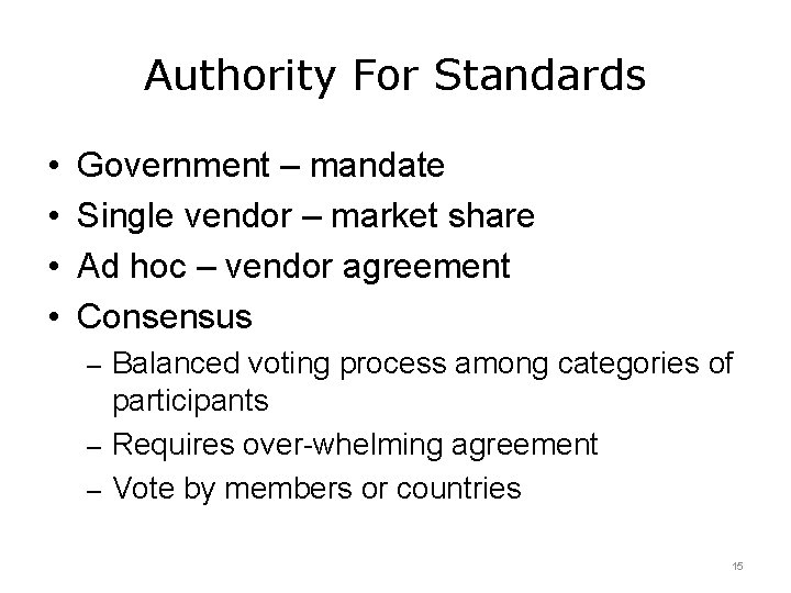 Authority For Standards • • Government – mandate Single vendor – market share Ad Authority For Standards • • Government – mandate Single vendor – market share Ad