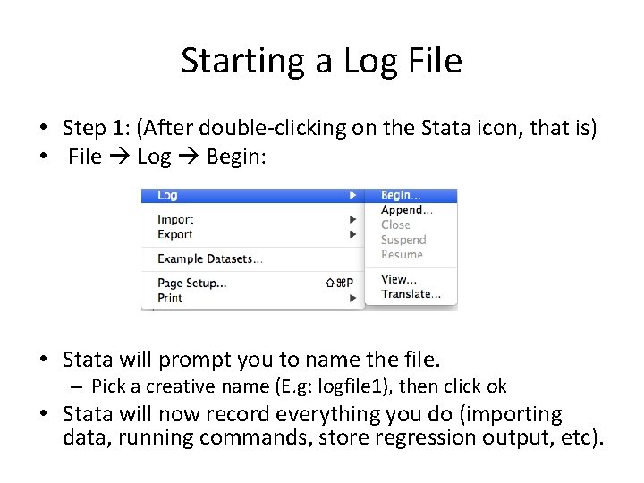Starting a Log File • Step 1: (After double-clicking on the Stata icon, that