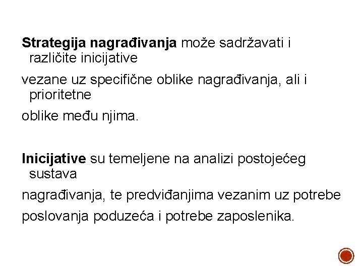 Strategija nagrađivanja može sadržavati i različite inicijative vezane uz specifične oblike nagrađivanja, ali i