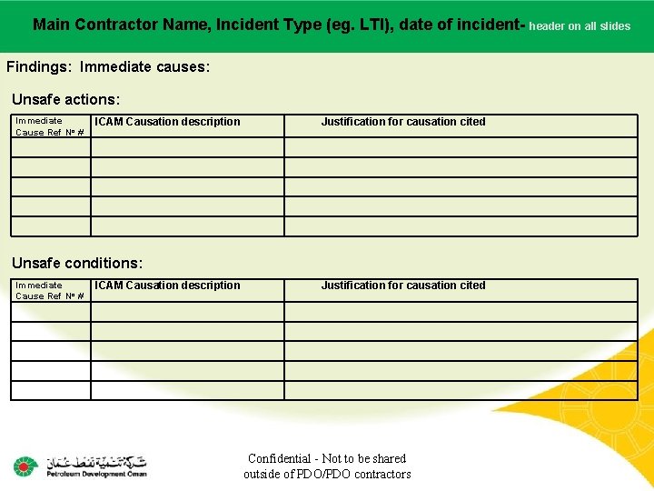 Main Contractor Name, Incident Type (eg. LTI), date of incident. Main contractor name –