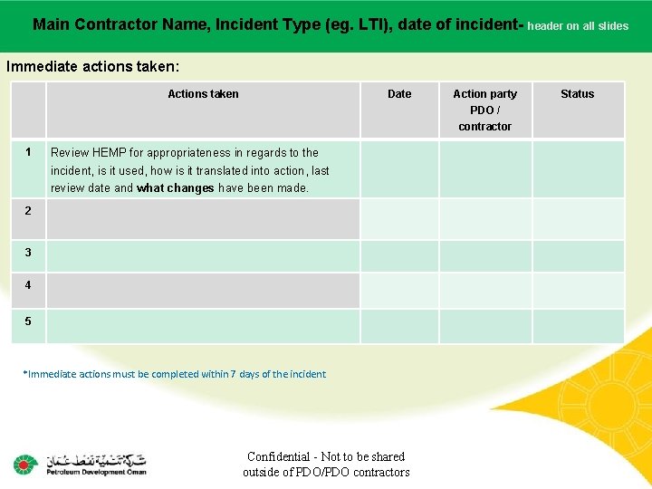 Main Contractor Name, Incident Type (eg. LTI), date of incident. Main contractor name –